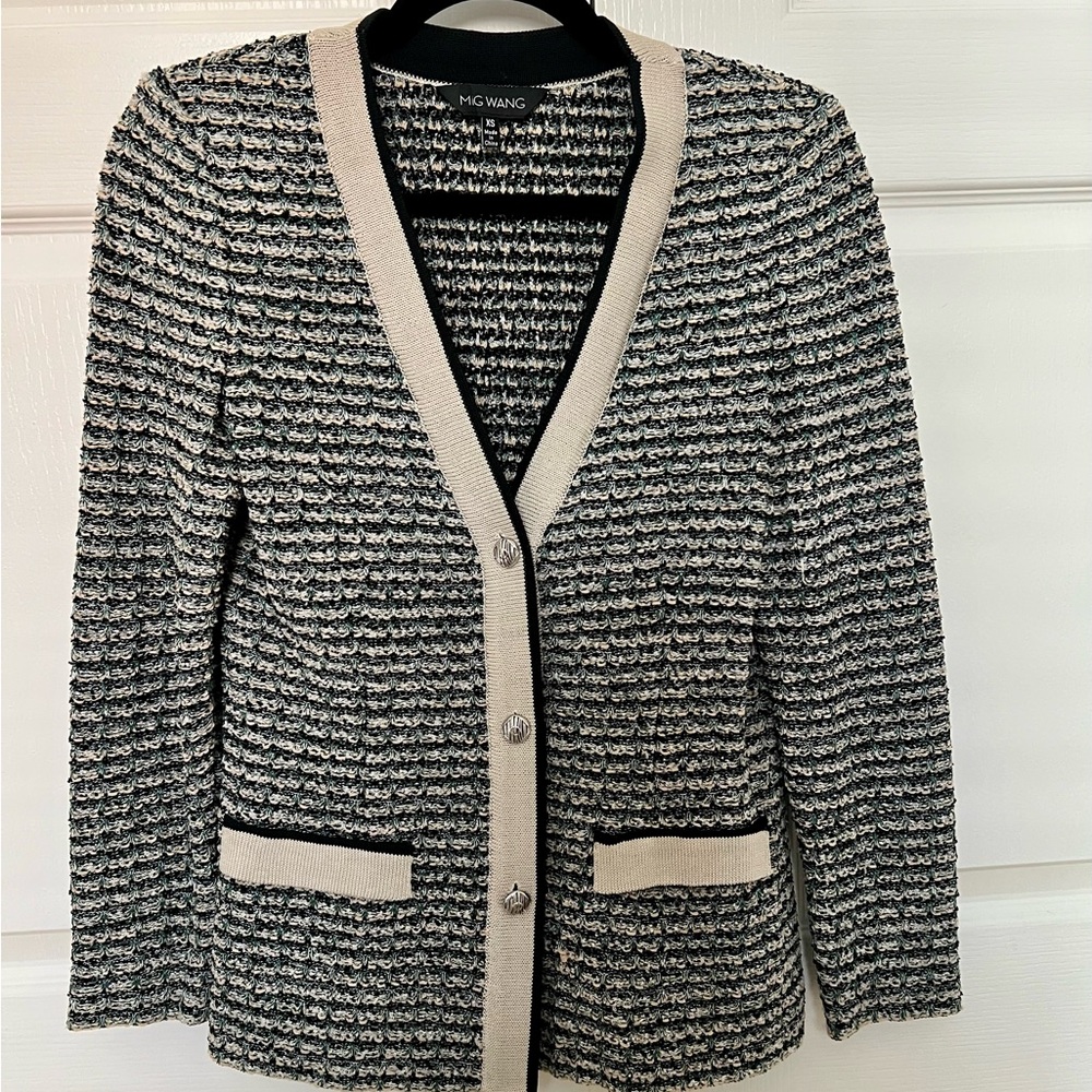 Ming Wang Black and Cream Textured Cardigan/Blazer